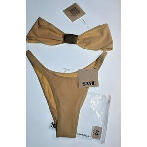 SAME Los Angeles Bikini Set M Beige Textured Bandeau Top High Leg Bottom NWT
